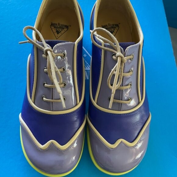 LAST Fluevog Martha Fellowship Lace Up Purple Neon Green 7.5 7 Leather Retro - Picture 5 of 15